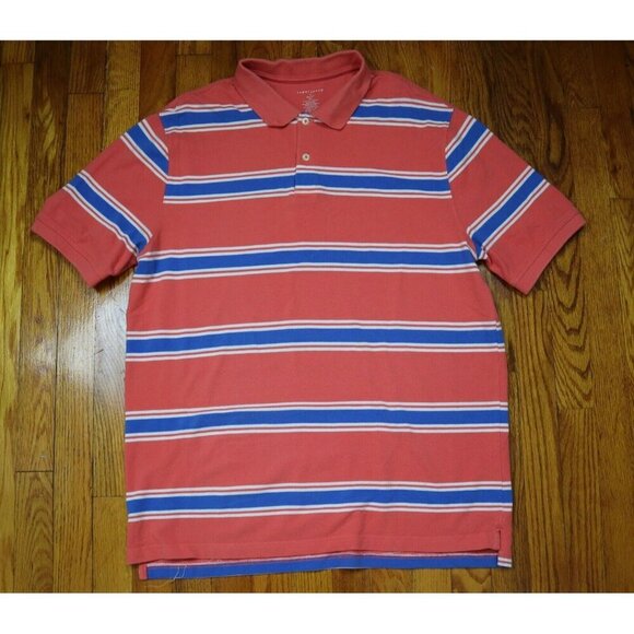 MEN'S CORAL ORANGE & BLUE STRIPED POLO SHIRT - SADDLEBRED - SIZE L - Picture 1 of 3